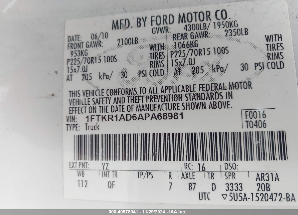 2010 FORD RANGER XL/XLT VIN: 1FTKR1AD6APA68981