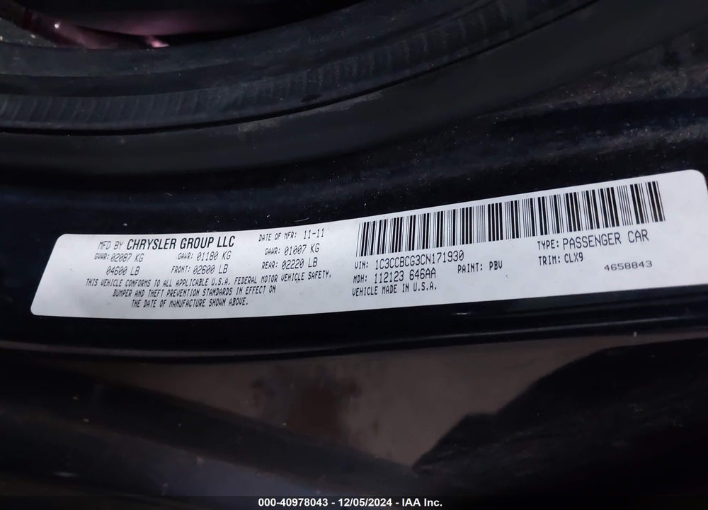 2012 CHRYSLER 200 LIMITED VIN: 1C3CCBCG3CN171930