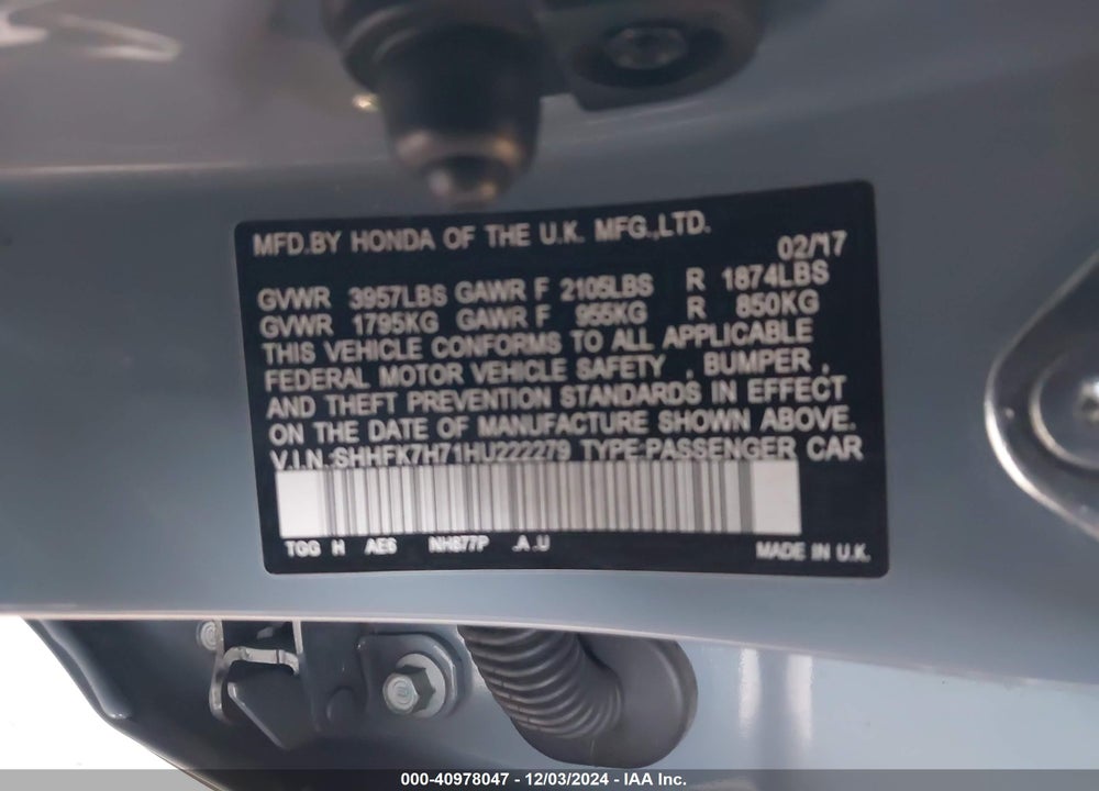 2017 HONDA CIVIC EX-L VIN: SHHFK7H71HU222279