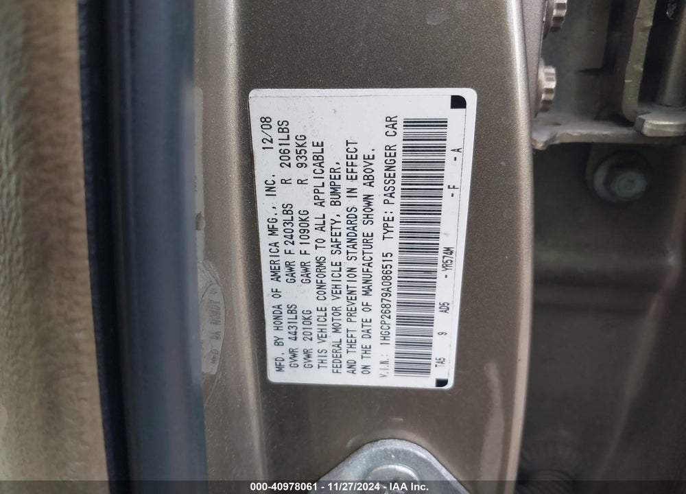 2009 HONDA ACCORD 2.4 EX-L VIN: 1HGCP26879A086515