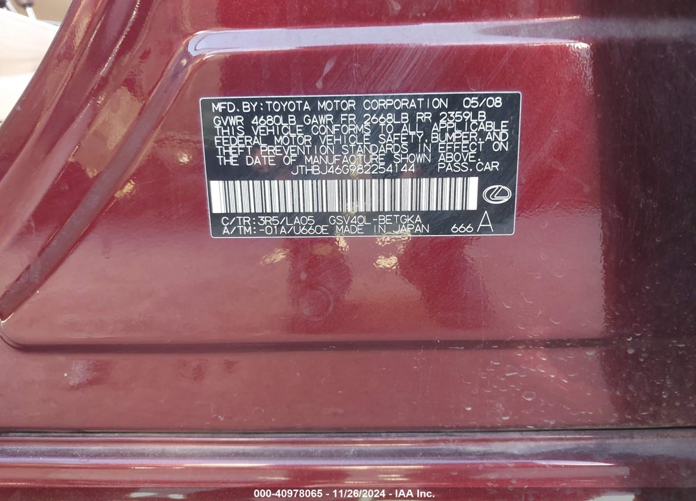 2008 LEXUS ES 350 VIN: JTHBJ46G982254144