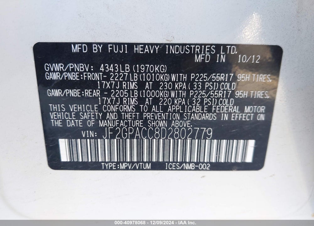 2013 SUBARU XV CROSSTREK 2.0I PREMIUM VIN: JF2GPACC8D2802779