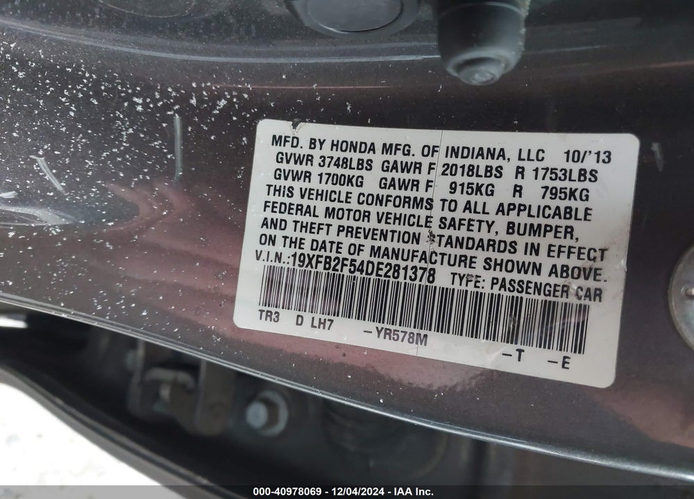 2013 HONDA CIVIC VIN: 19XFB2F54DE281378