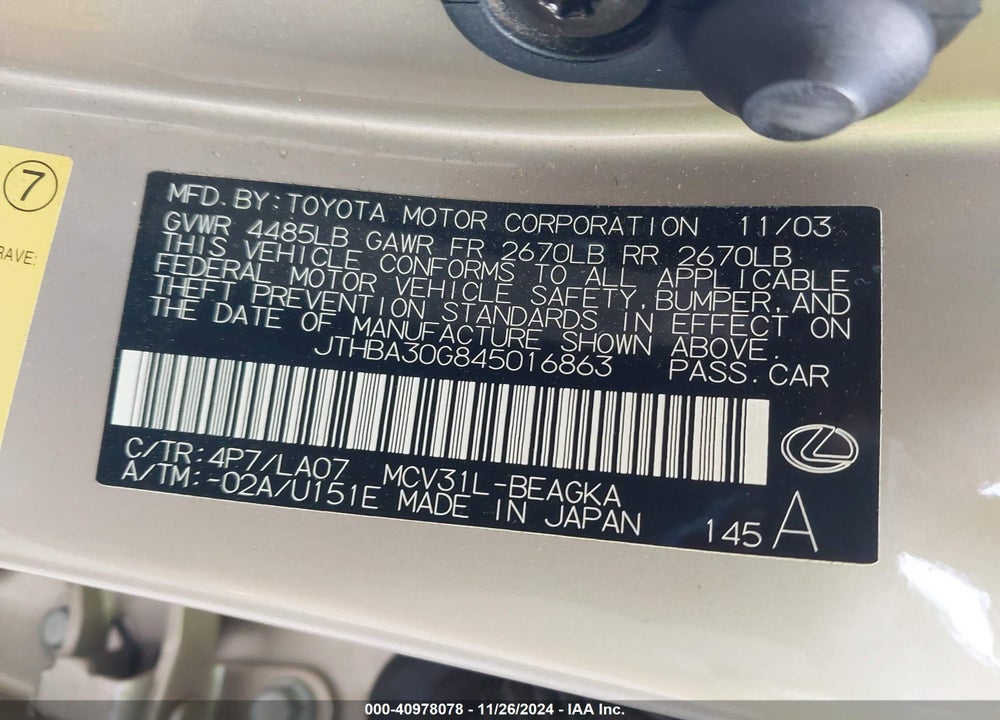 2004 LEXUS ES 330 VIN: JTHBA30G845016863