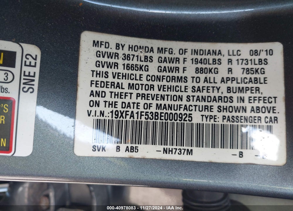 2011 HONDA CIVIC LX VIN: 19XFA1F53BE000925
