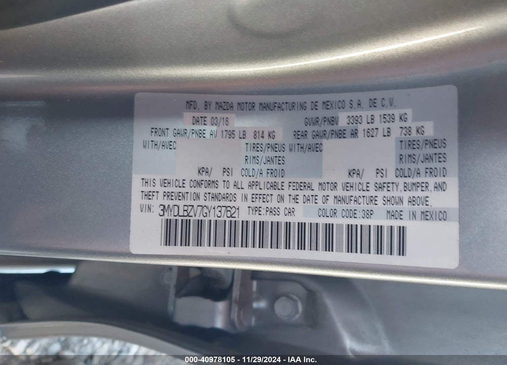 2016 SCION IA VIN: 3MYDLBZV7GY137621