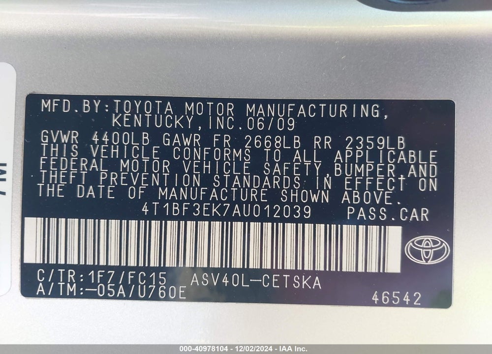 2010 TOYOTA CAMRY SE VIN: 4T1BF3EK7AU012039