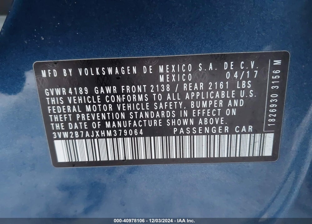 2017 VOLKSWAGEN JETTA 1.4T S VIN: 3VW2B7AJXHM379064