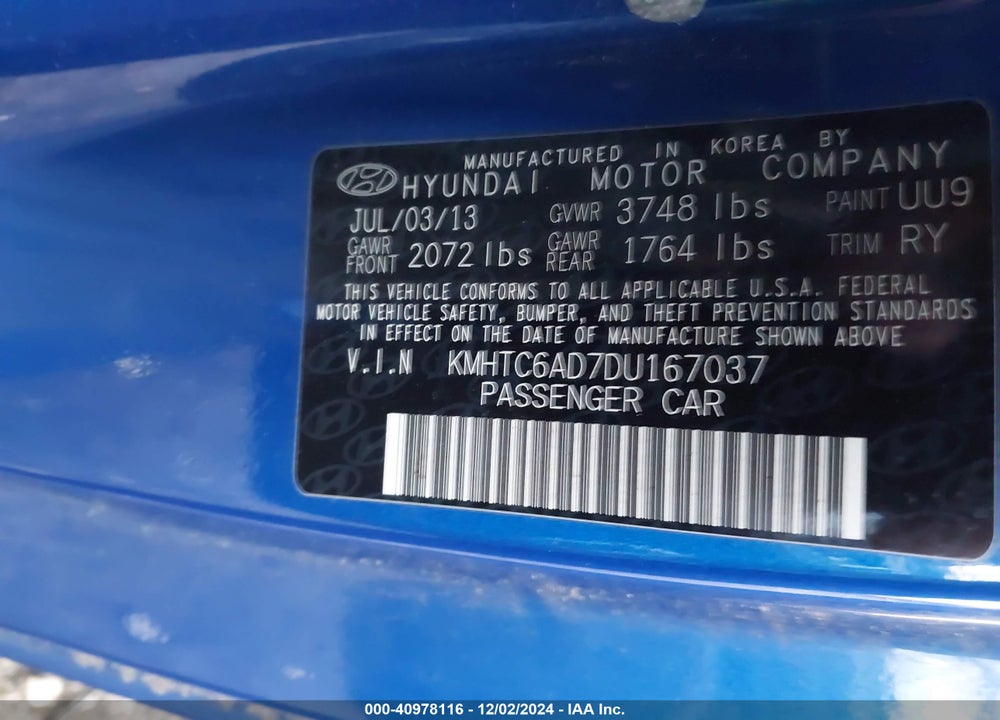 2013 HYUNDAI VELOSTER BASE W/BLACK VIN: KMHTC6AD7DU167037