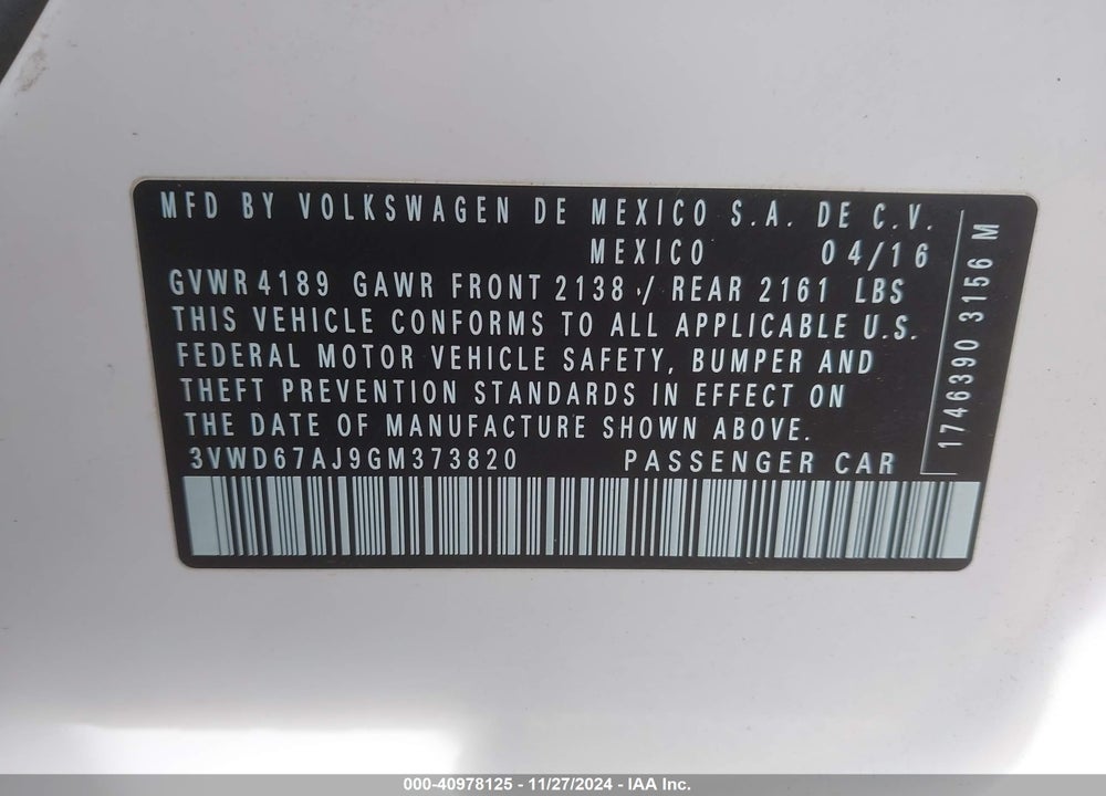 2016 VOLKSWAGEN JETTA 1.4T SE VIN: 3VWD67AJ9GM373820