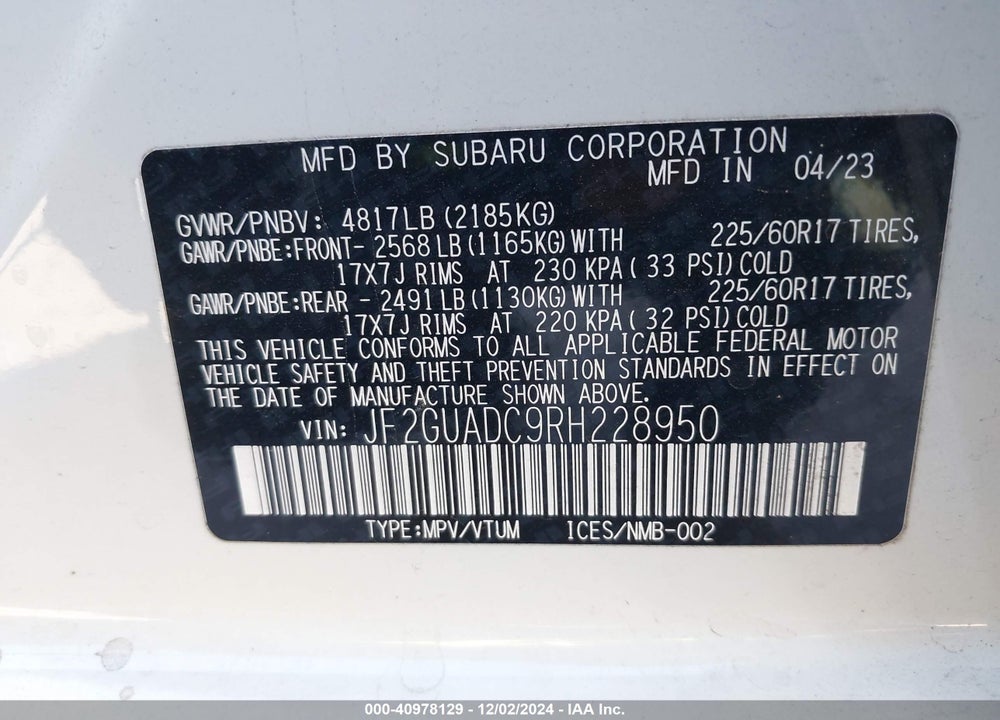 2024 SUBARU CROSSTREK PREMIUM VIN: JF2GUADC9RH228950