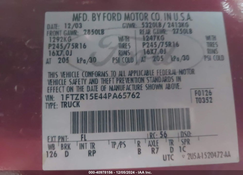 2004 FORD RANGER VIN: 1FTZR15E44PA65762