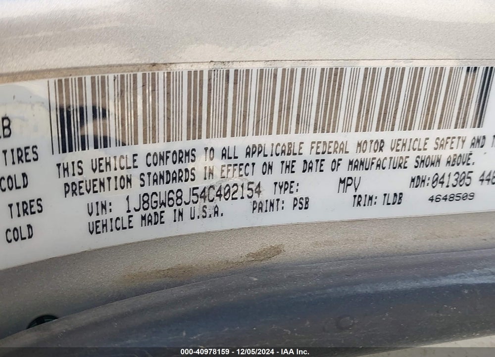 2004 JEEP GRAND CHEROKEE OVERLAND VIN: 1J8GW68J54C402154