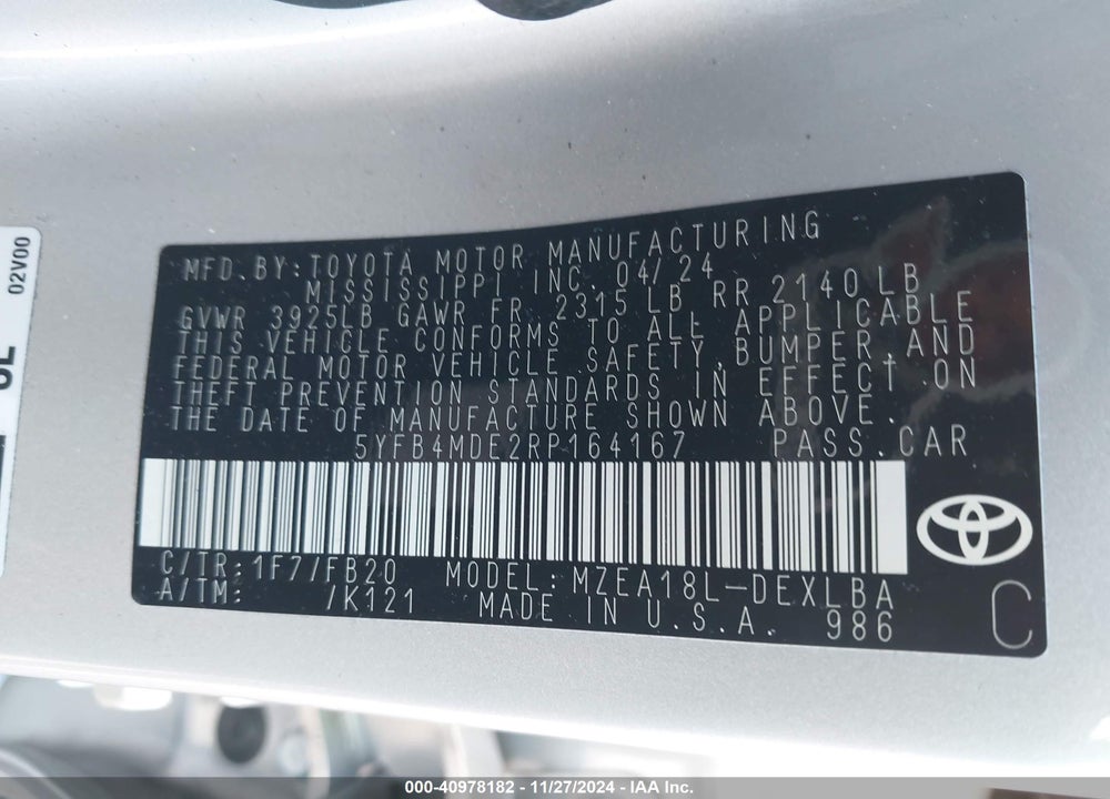 2024 TOYOTA COROLLA LE VIN: 5YFB4MDE2RP164167