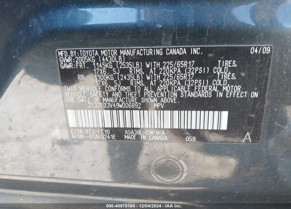 2009 TOYOTA RAV4 VIN: 2T3ZF33V49W006892