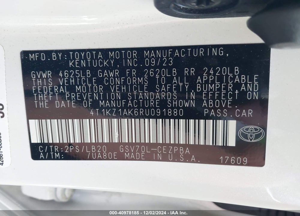 2024 TOYOTA CAMRY XSE V6 VIN: 4T1KZ1AK6RU091880