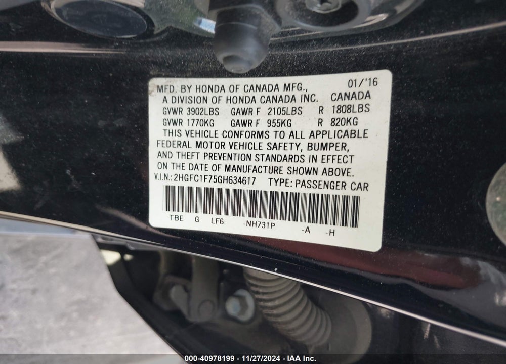 2016 HONDA CIVIC EX-L VIN: 2HGFC1F75GH634617
