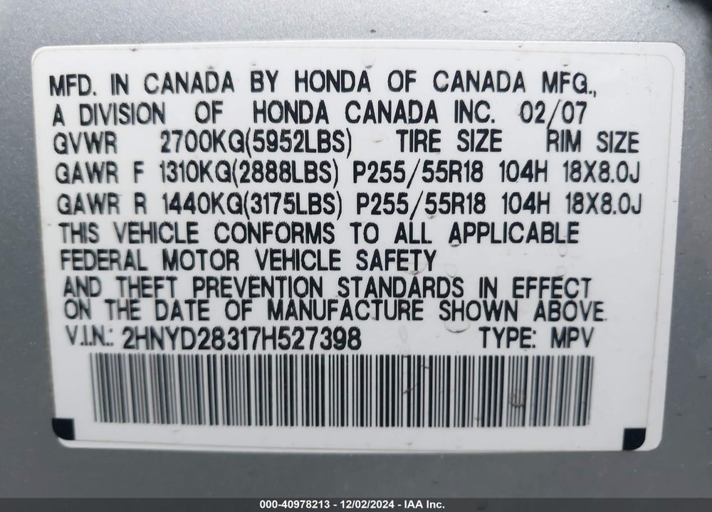 2007 ACURA MDX TECH PKG VIN: 2HNYD28317H527398