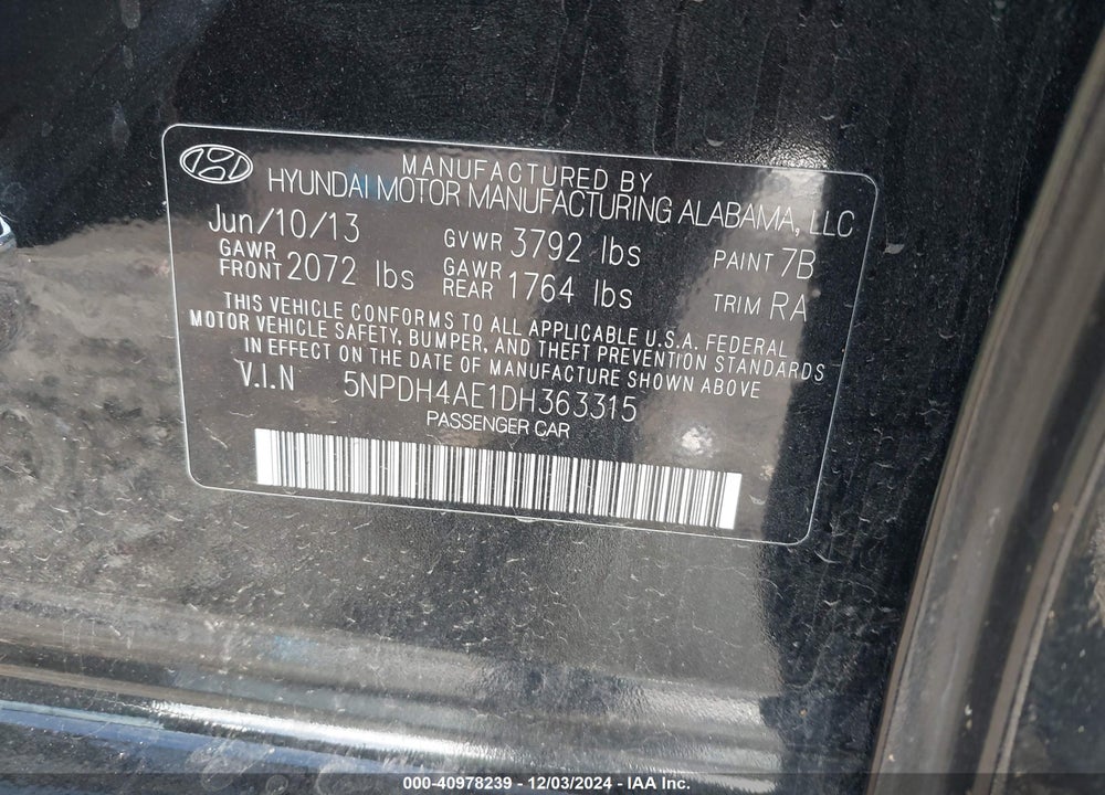 2013 HYUNDAI ELANTRA GLS VIN: 5NPDH4AE1DH363315