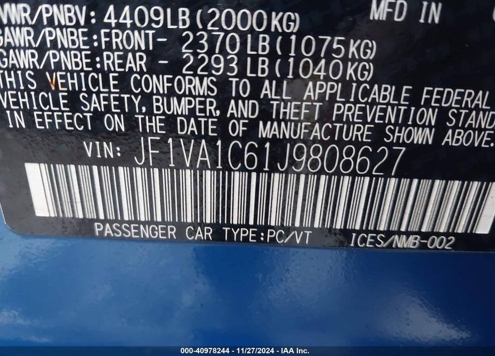 2018 SUBARU WRX PREMIUM VIN: JF1VA1C61J9808627