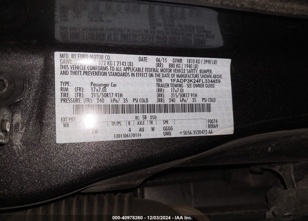 2015 FORD FOCUS SE VIN: 1FADP3K24FL334459
