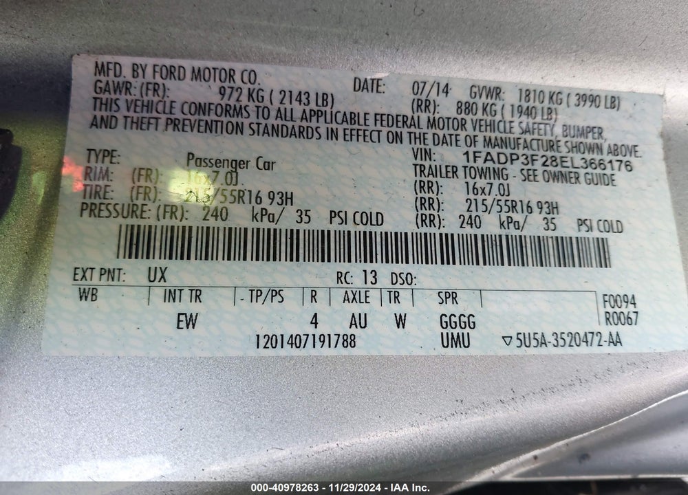 2014 FORD FOCUS SE VIN: 1FADP3F28EL366176