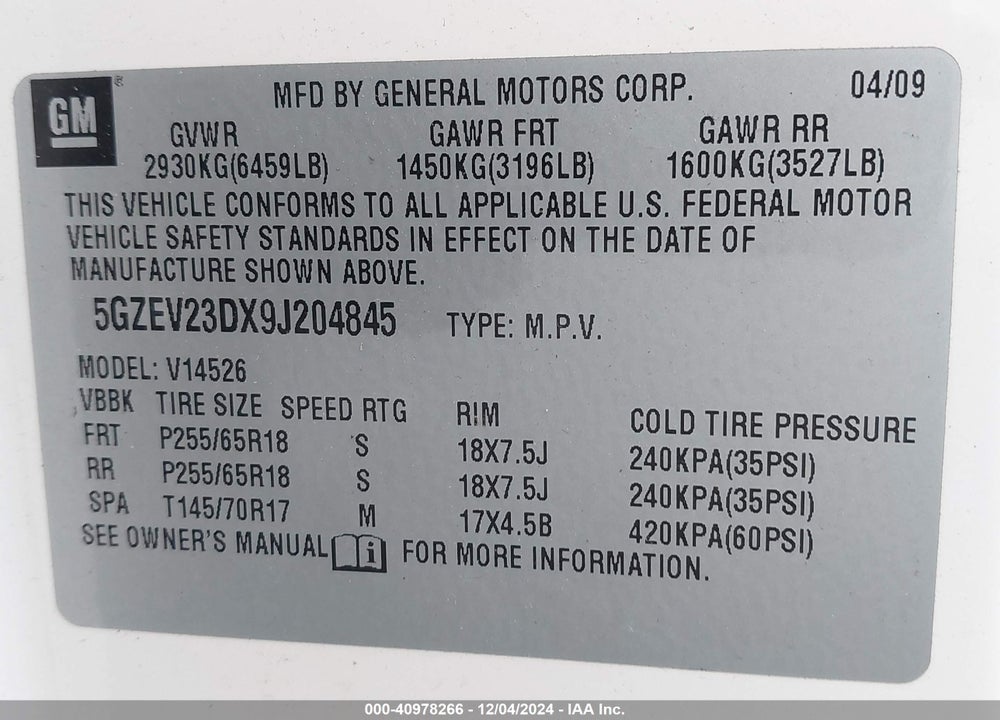 2009 SATURN OUTLOOK XR VIN: 5GZEV23DX9J204845