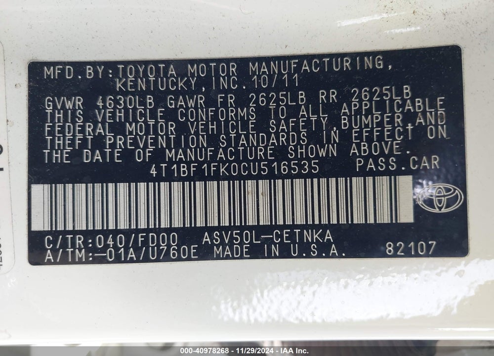 2012 TOYOTA CAMRY LE VIN: 4T1BF1FK0CU516535