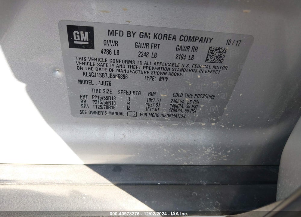 2018 BUICK ENCORE SPORT TOURING VIN: KL4CJ1SB7JB566896