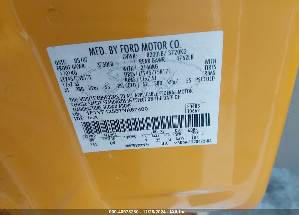 2007 FORD F-150 XL/XLT VIN: 1FTVF12587NA67400