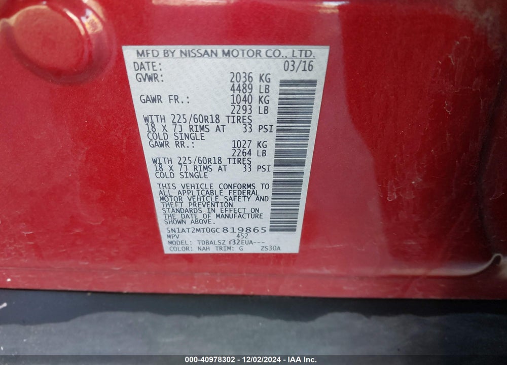 2016 NISSAN ROGUE SL VIN: 5N1AT2MT0GC819865