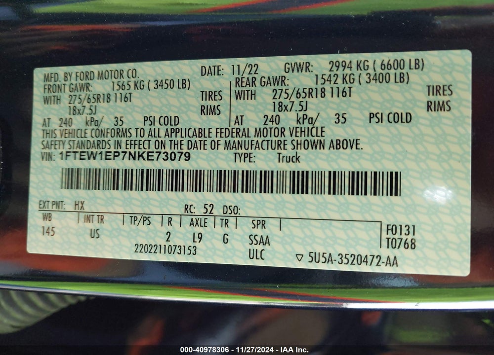 2022 FORD F-150 VIN: 1FTEW1EP7NKE73079