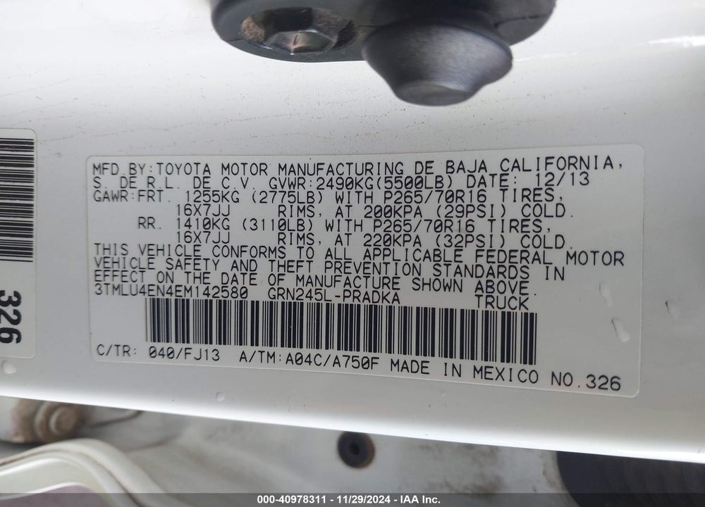 2014 TOYOTA TACOMA DOUBLE CAB VIN: 3TMLU4EN4EM142580