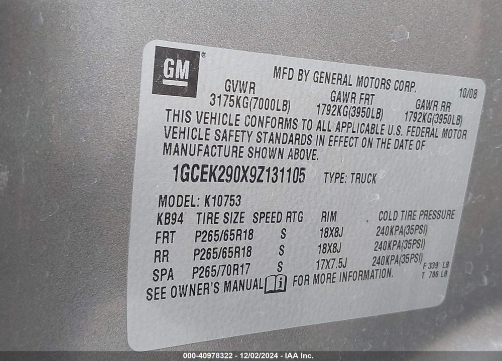 2009 CHEVROLET SILVERADO 1500 LT VIN: 1GCEK290X9Z131105
