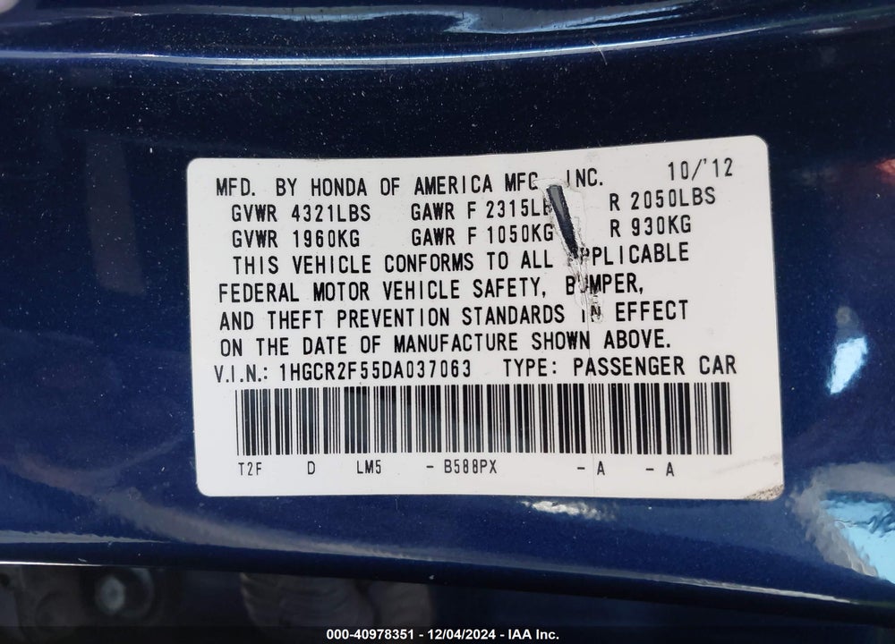 2013 HONDA ACCORD SPORT VIN: 1HGCR2F55DA037063