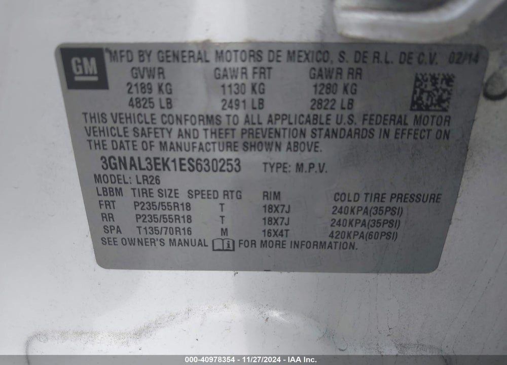 2014 CHEVROLET CAPTIVA SPORT LT VIN: 3GNAL3EK1ES630253