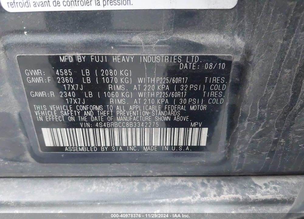 2011 SUBARU OUTBACK 2.5I PREMIUM VIN: 4S4BRBCC8B3342275