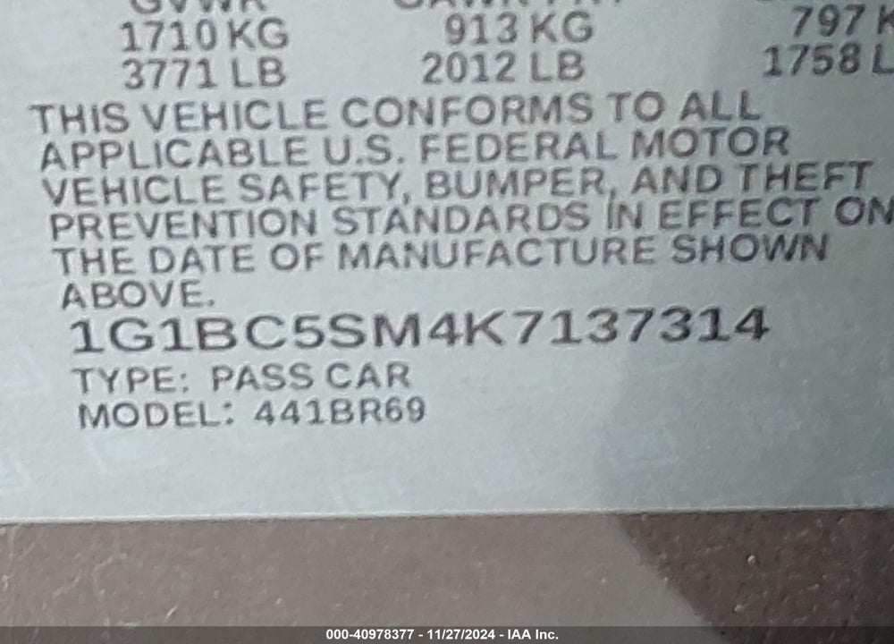2019 CHEVROLET CRUZE VIN: 1G1BC5SM4K7137314