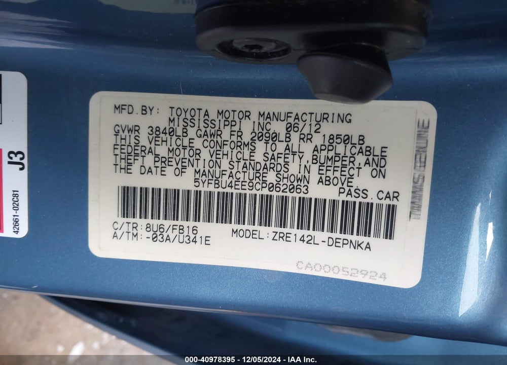 2012 TOYOTA COROLLA LE VIN: 5YFBU4EE9CP062063