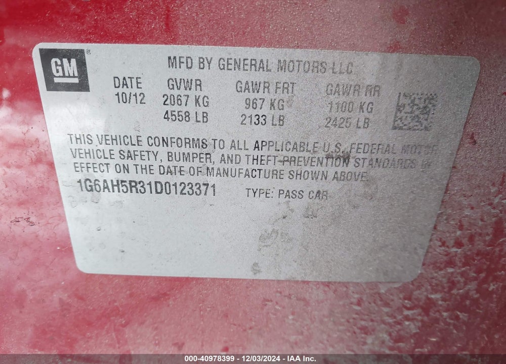 2013 CADILLAC ATS LUXURY VIN: 1G6AH5R31D0123371