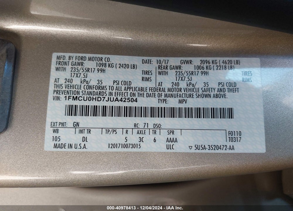 2018 FORD ESCAPE SEL VIN: 1FMCU0HD7JUA42504