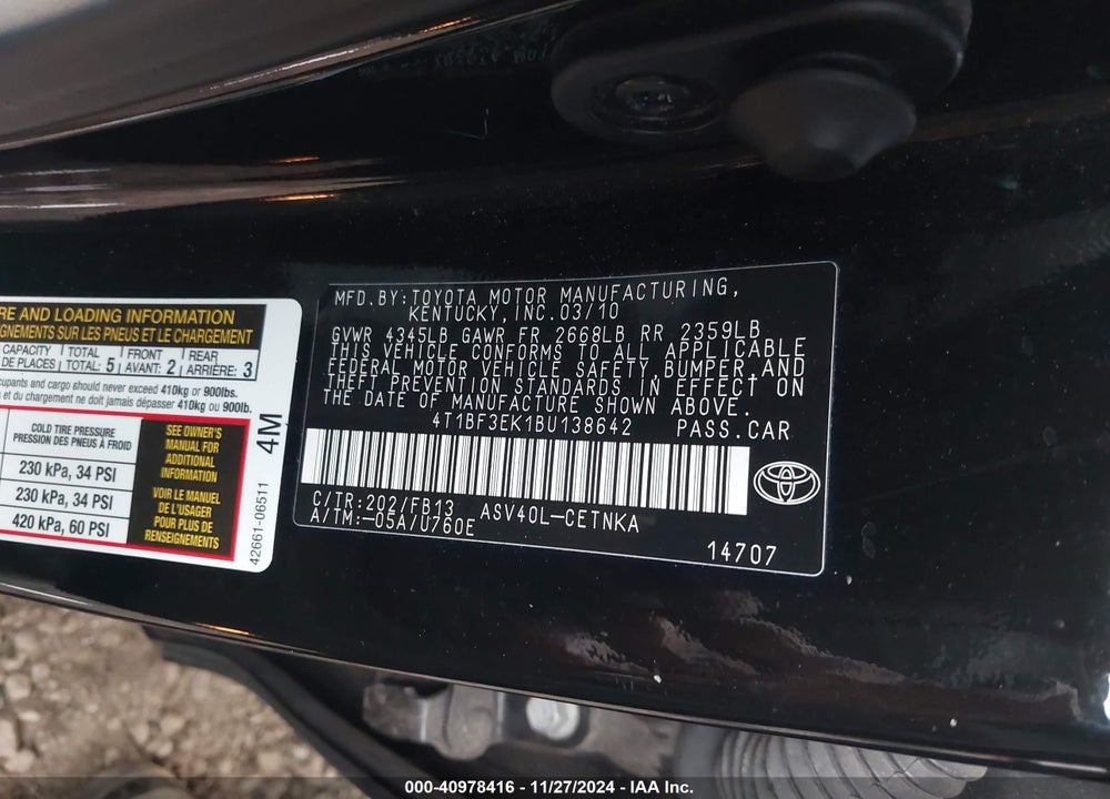 2011 TOYOTA CAMRY LE VIN: 4T1BF3EK1BU138642