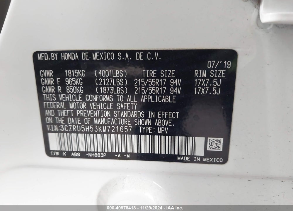 2019 HONDA HR-V EX VIN: 3CZRU5H53KM721657