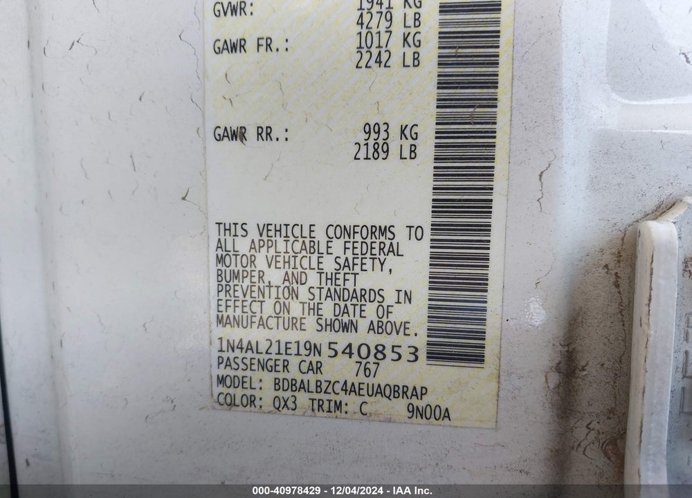 2009 NISSAN ALTIMA 2.5 S VIN: 1N4AL21E19N540853