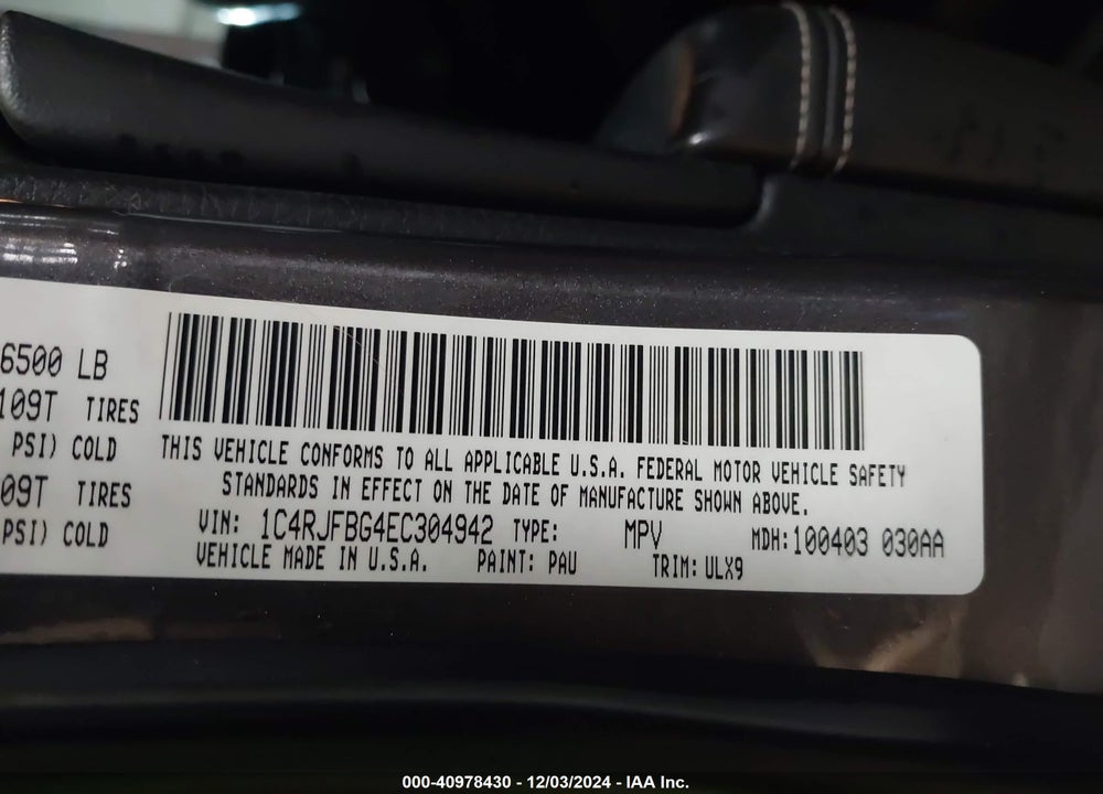 2014 JEEP GRAND CHEROKEE LIMITED VIN: 1C4RJFBG4EC304942