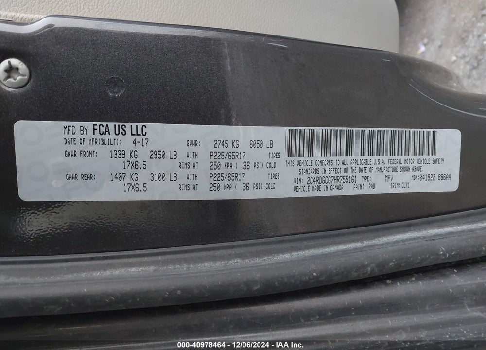 2017 DODGE GRAND CARAVAN SXT VIN: 2C4RDGCG7HR755161