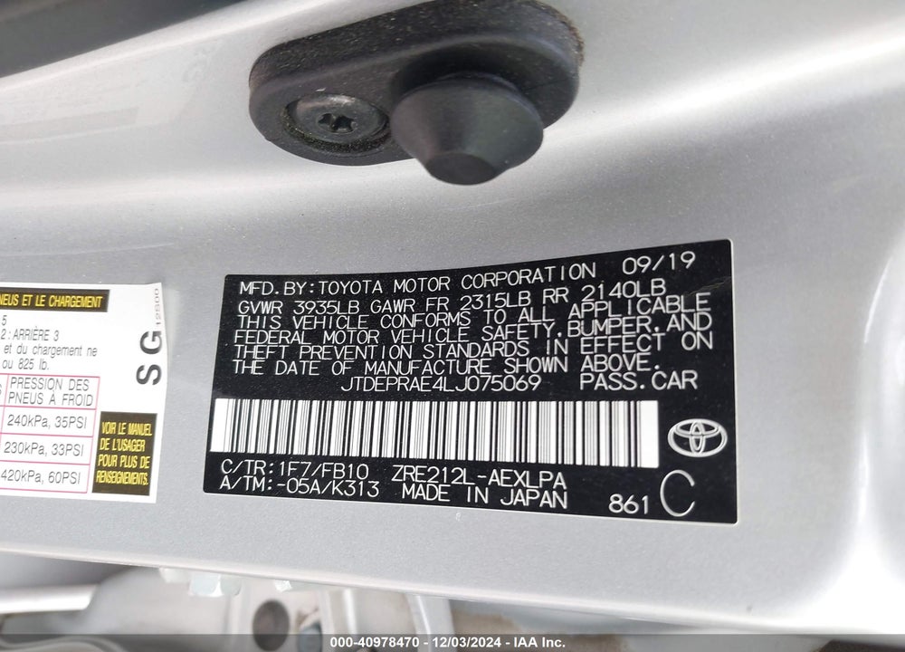 2020 TOYOTA COROLLA LE VIN: JTDEPRAE4LJ075069