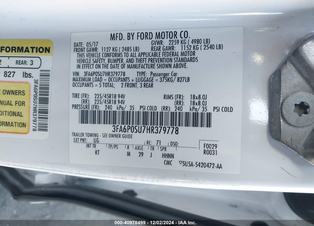 2017 FORD FUSION ENERGI TITANIUM VIN: 3FA6P0SU7HR379778