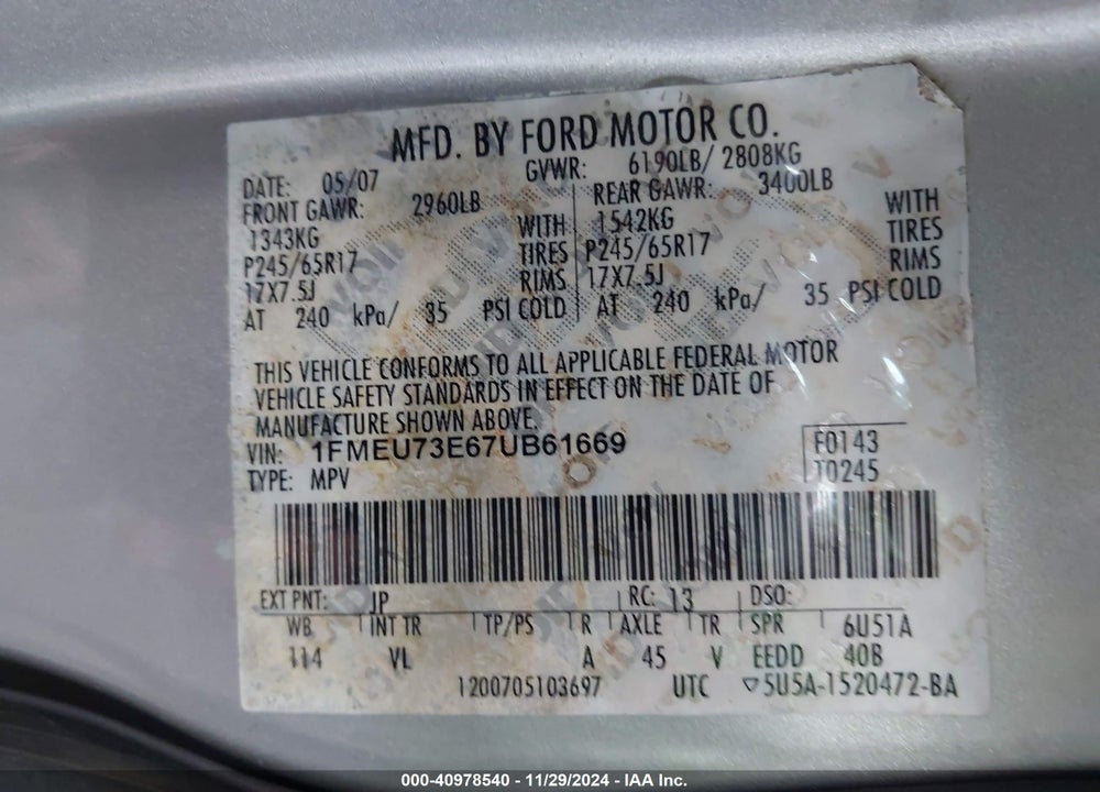 2007 FORD EXPLORER XLT VIN: 1FMEU73E67UB61669