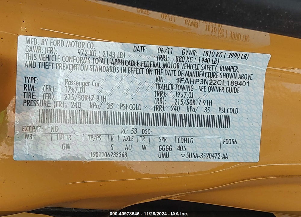 2012 FORD FOCUS VIN: 1FAHP3N22CL189401